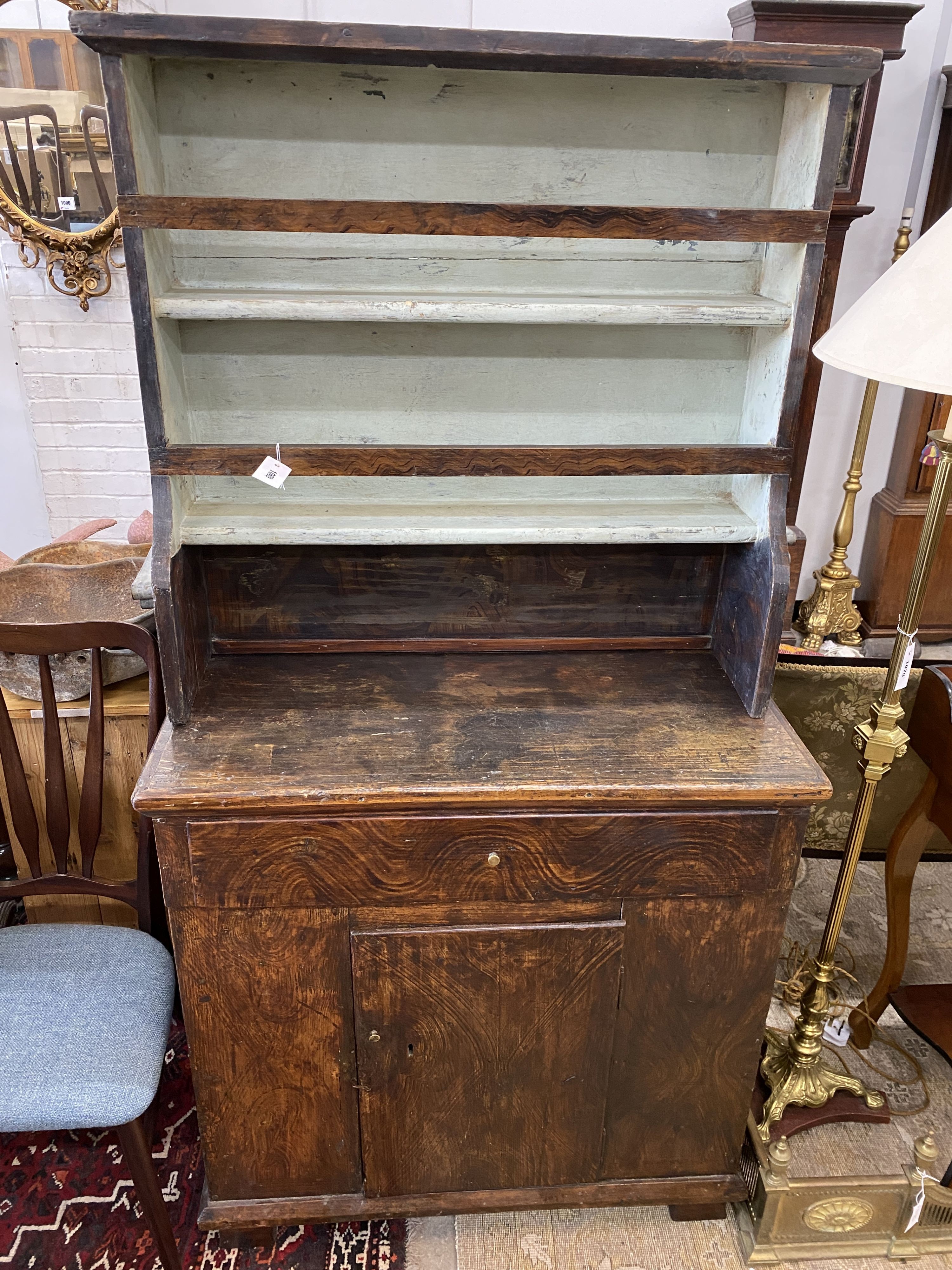 A 19th century and later continental painted pine small dresser, width 90cm, depth 43cm, height 177cm